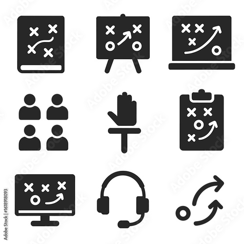 Game Strategy Icons. Solid, filled icons set of team strategy and game planning: playbook, Xs and Os board,
