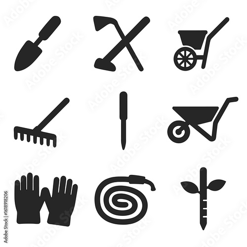 Gardening Tools Icons. Solid, filled icons set of tools used for planting vegetables: hand trowel, hoe icon,