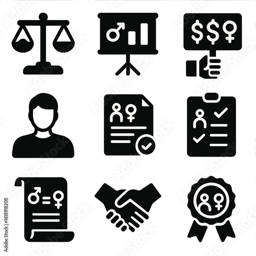 Gender Equality Icons. Solid, filled icons set of gender equality advocacy: balance icon, workplace parity