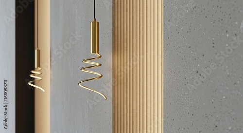 Modern Pendant Lighting: Gold Spiral Bulbs Against Neutral Walls, Interior Design, Architectural Detail, Contemporary Style, Minimalist Decor, Elegant Lighting Fixture