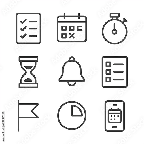 Time Management Icons. Outline icon set of time management tools: to-do list, calendar, stopwatch, hourglass, reminder bell,