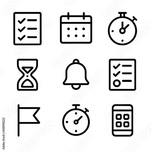 Time Management Icons. Outline icon set of time management tools: to-do list, calendar, stopwatch, hourglass, reminder bell,