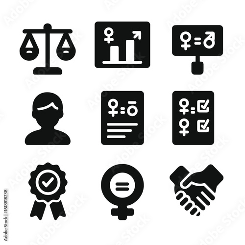 Gender Equality Icons. Solid, filled icons set of gender equality advocacy: balance icon, workplace parity