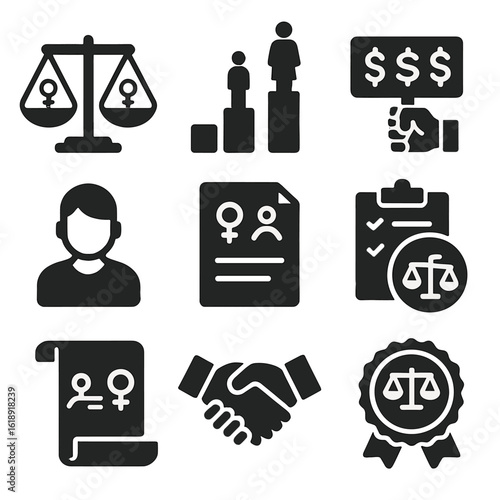 Gender Equality Icons. Solid, filled icons set of gender equality advocacy: balance icon, workplace parity