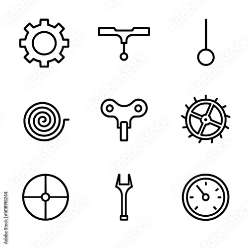 Timekeeping Mechanism Icons. Outline icon set of timekeeping mechanisms: gear wheel, escapement lever, pendulum, mainspring,