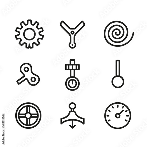 Timekeeping Mechanism Icons. Outline icon set of timekeeping mechanisms: gear wheel, escapement lever, pendulum, mainspring,