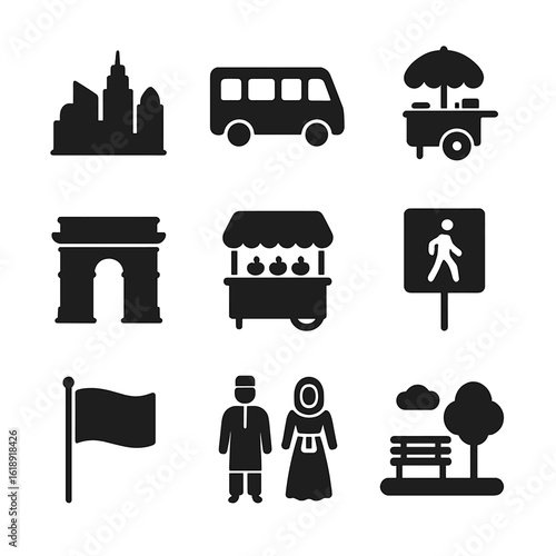 Global Iconography Grid. Solid, filled icons set of life in different cities and countries: skyline silhouette