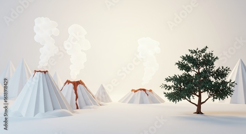 Stylized Paper Volcano Landscape with Tree: Smoke Eruption, White Background, Minimalist Scene, 3D Rendered Scenery, Isolated