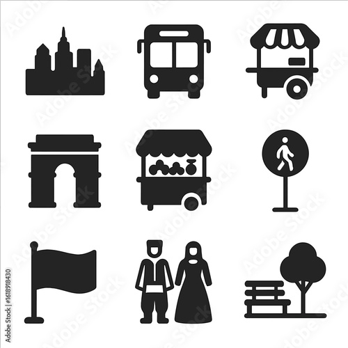 Global Iconography Grid. Solid, filled icons set of life in different cities and countries: skyline silhouette