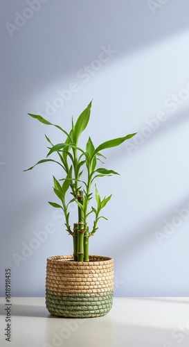 Bamboo Plant in Woven Pot on White Surface with Blue Background and Shadow, Home Decor, Minimalist Style, Indoor Plant