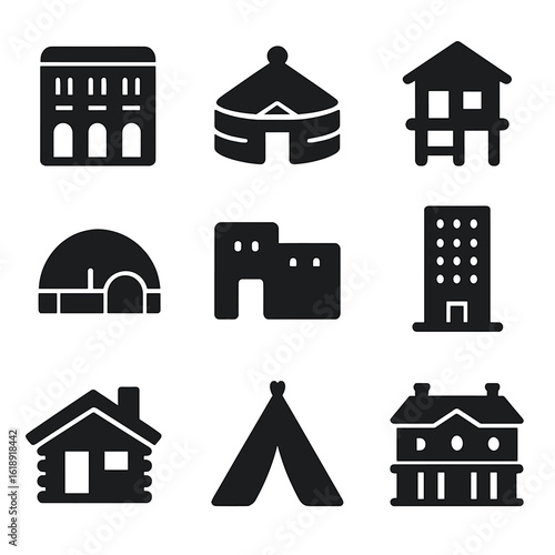 Global Housing Icons. Solid, filled icons set of housing styles across the world: townhouse, yurt, stilt house