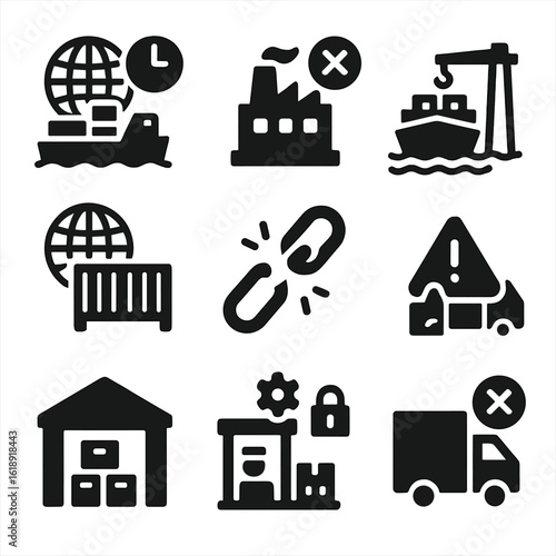 Global Supply Chain Icons. Solid, filled icons set of global supply chain disruption: cargo ship delay,