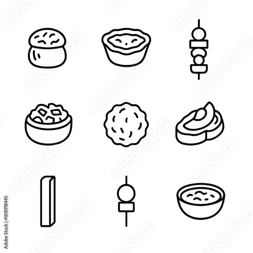 Vegetarian Platter Icons. Outline icon set of vegetarian finger food platter: stuffed mushroom, mini quiche, vegetable skewer,