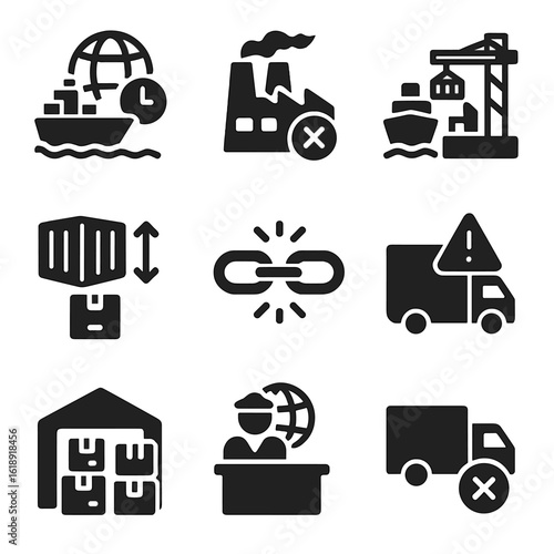 Global Supply Disruption Icons. Solid, filled icons set of global supply chain disruption: cargo ship delay,