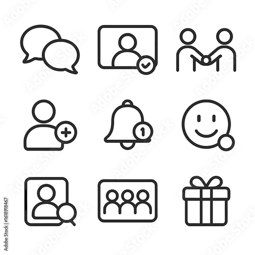 Virtual Friendship Icons. Outline icon set of virtual friendships: chat bubbles, video call screen, avatar handshake, friend