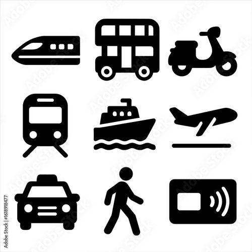 Global Transport Icons. Solid, filled icons set of transportation systems worldwide: bullet train,