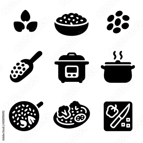 Grain Protein Icon Set. Solid, filled icons set of grain-based proteins in meals: buckwheat icon, farro bowl,