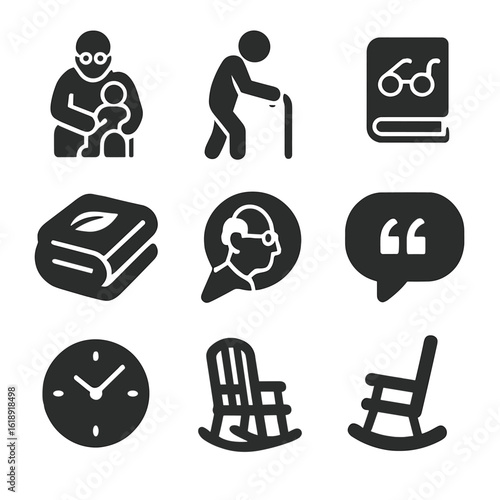 Grandparent Wisdom Icons. Solid, filled icons set of grandparents imparting wisdom: elderly figure, child on