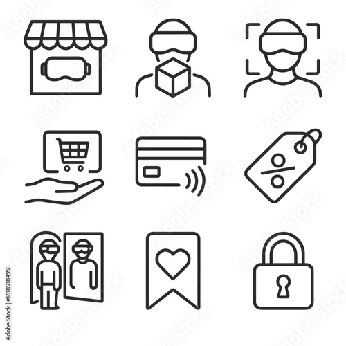 VR E-commerce Icons. Outline icon set of VR e-commerce experience: virtual storefront, 3D product model, AR try-on frame, shopping