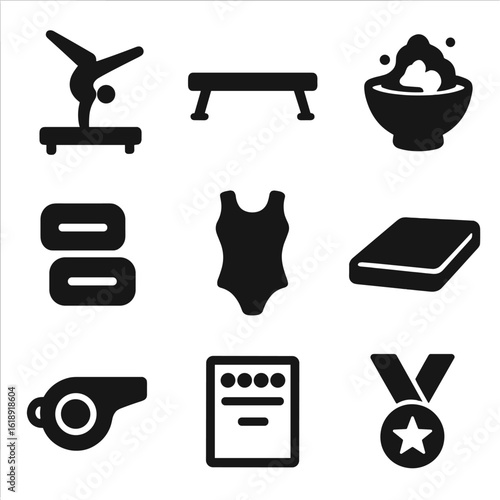 Gymnastics Icons Set. Solid, filled icons set of balance beam: gymnast, balance beam, chalk powder, wristbands