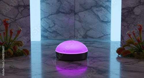 Purple Button Glows on Marble Table, Surrounded by Venus Flytraps in a Modern Room with Blue Accent Lights