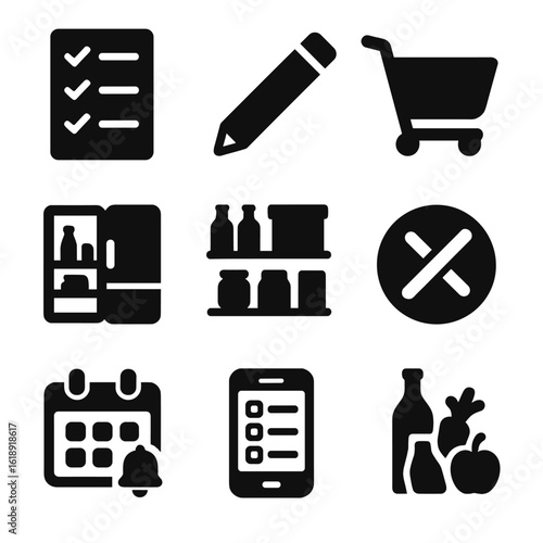 Grocery Planning Icons. Solid, filled icons set of making grocery list: checklist paper, pencil icon, shopping