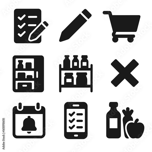 Grocery List Icons. Solid, filled icons set of making grocery list: checklist paper, pencil icon, shopping
