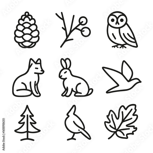 Winter Flora Icon Set. Outline icon set of winter flora and fauna: pine cone, bare branch, holly berries, winter owl, arctic fox,