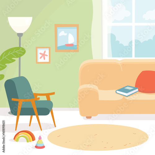 Сozy living room interior with sofa with book and cushion, armchair, round carpet, and floor lamp. Light green walls, window in background. Rainbow toy and stacking pyramid lie on the floor