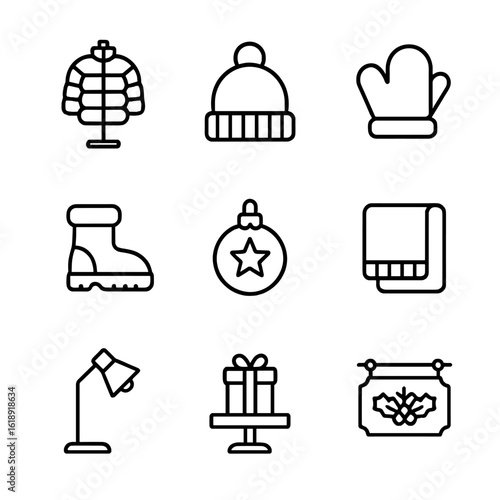 Winter Boutique Icon Set. Outline icon set of winter boutique presentation: puffer jacket mannequin, woolen beanie, mittens pair,