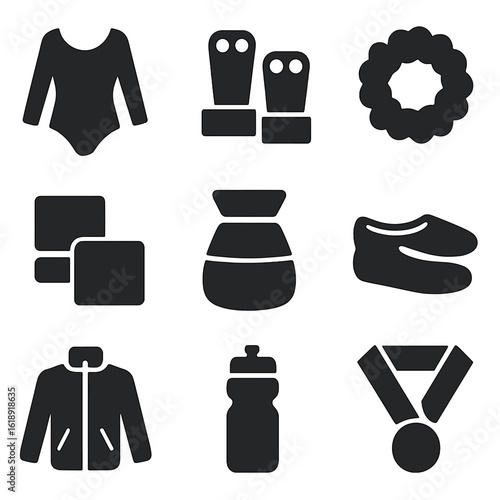 Gymnastics Accessories Icons. Solid, filled icons set of gymnastics attire and accessories: leotard, grips,
