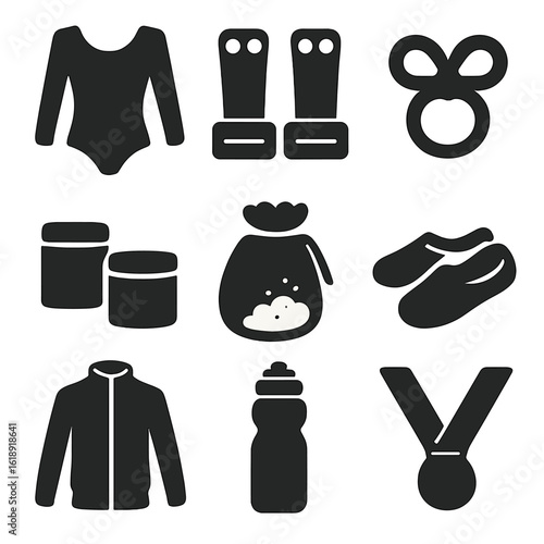 Gymnastics Accessories Icons. Solid, filled icons set of gymnastics attire and accessories: leotard, grips,