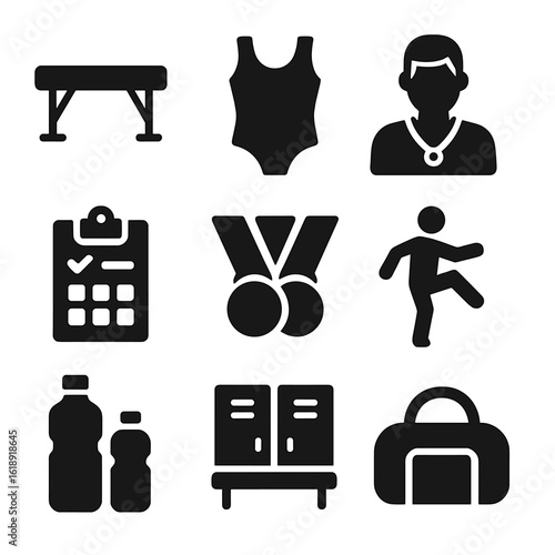 Gymnastics Icon Collection. Solid, filled icons set of gymnastics team: balance beam, team uniform, coach,