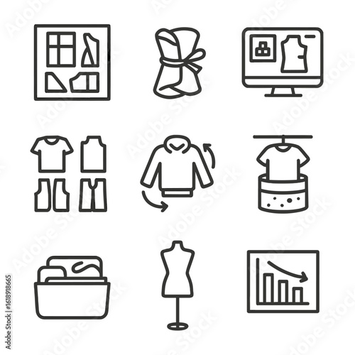 Zero-Waste Icons Grid. Outline icon set of zero-waste design methods: pattern layout sheet, fabric offcut bundle, digital pattern