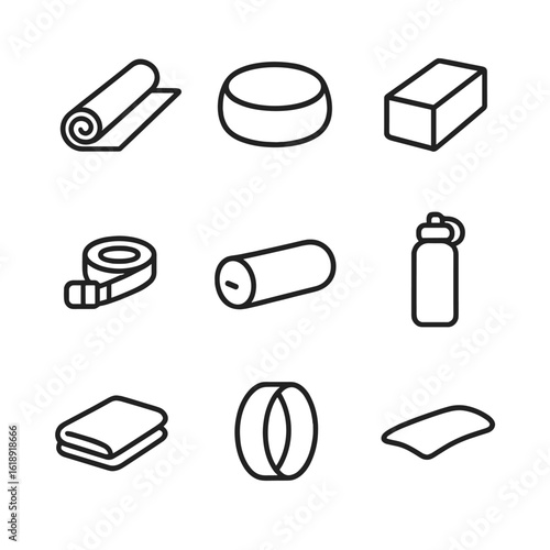 Yoga Accessory Icons. Outline icon set of yoga props and accessories: yoga mat, meditation cushion, yoga block, strap, bolster,