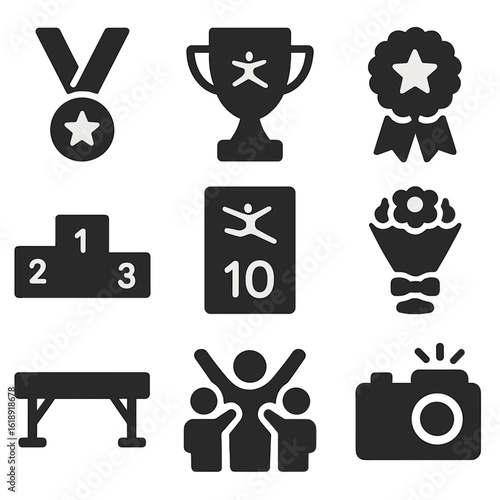 Gymnastics Awards Icons. Solid, filled icons set of gymnastics competition awards: medals, trophies, ribbons,