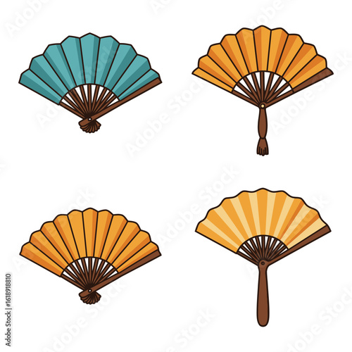 Set of Four Decorative Hand Fans in Various Colors and Designs
