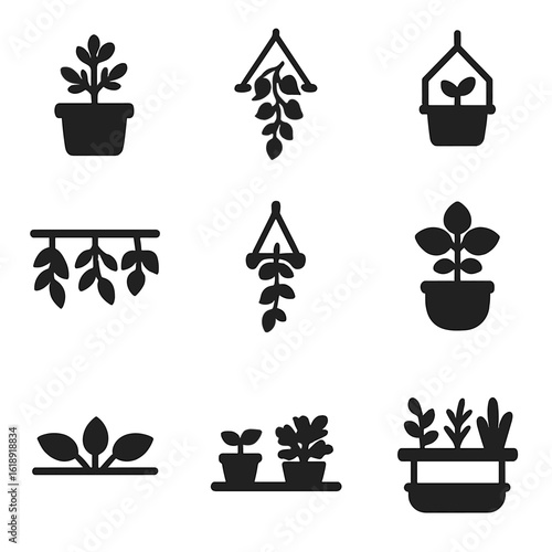 Hanging Plant Icons. Solid, filled icons set of hanging pot racks with plant accents: herb pot, hanging ivy,