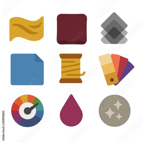 Haute Couture Fabrics Icons. Solid, filled icons set of haute couture color palettes and fabrics: silk fabric