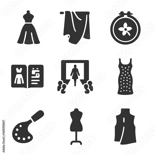 Haute Couture Icons. Solid, filled icons set of haute couture fashion: mannequin with gown, fabric draping,