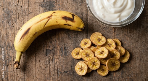 Banana, Dried Chips, and Yogurt on Wood - Healthy Snack, Food Photography, Ingredient Close-up, Cooking Theme, Fruit, Diet, Yellow, White, Brown, Vegetarian, Healthy, Delicious