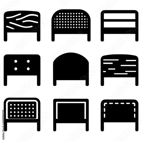 Headboard Material Icons. Solid, filled icons set of headboard materials and finishes: wood grain, rattan