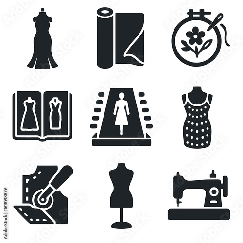 Haute Couture Icons. Solid, filled icons set of haute couture fashion: mannequin with gown, fabric draping,