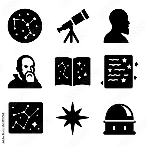 Historical Astronomy Icons. Solid, filled icons set of historical star observation and discoveries: ancient