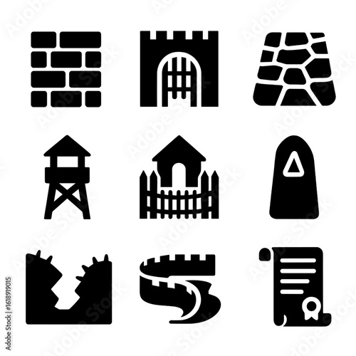Historic Border Icons. Solid, filled icons set of ancient and historical borders: old stone wall, castle gate,