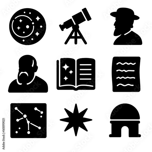 Historical Astronomy Icons. Solid, filled icons set of historical star observation and discoveries: ancient