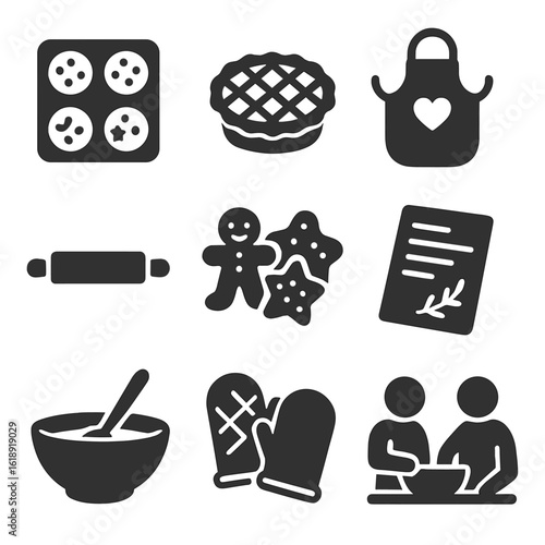 Holiday Cooking Icons. Solid, filled icons set of holiday cooking traditions: baking tray, holiday pie, family