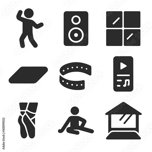 Home Dance Icons. Solid, filled icons set of dancing at home: person dancing, music speaker, mirror wall, soft