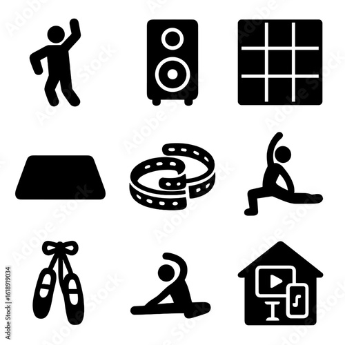 Home Dance Icons. Solid, filled icons set of dancing at home: person dancing, music speaker, mirror wall, soft