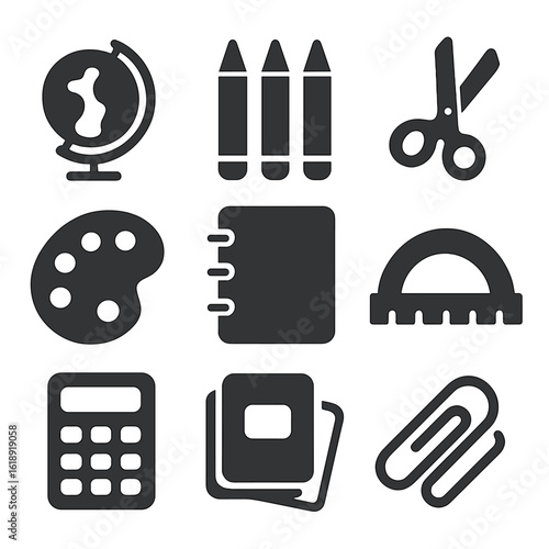 Home Learning Supplies. Solid, filled icons set of learning supplies at home: globe, colored pencils, scissors